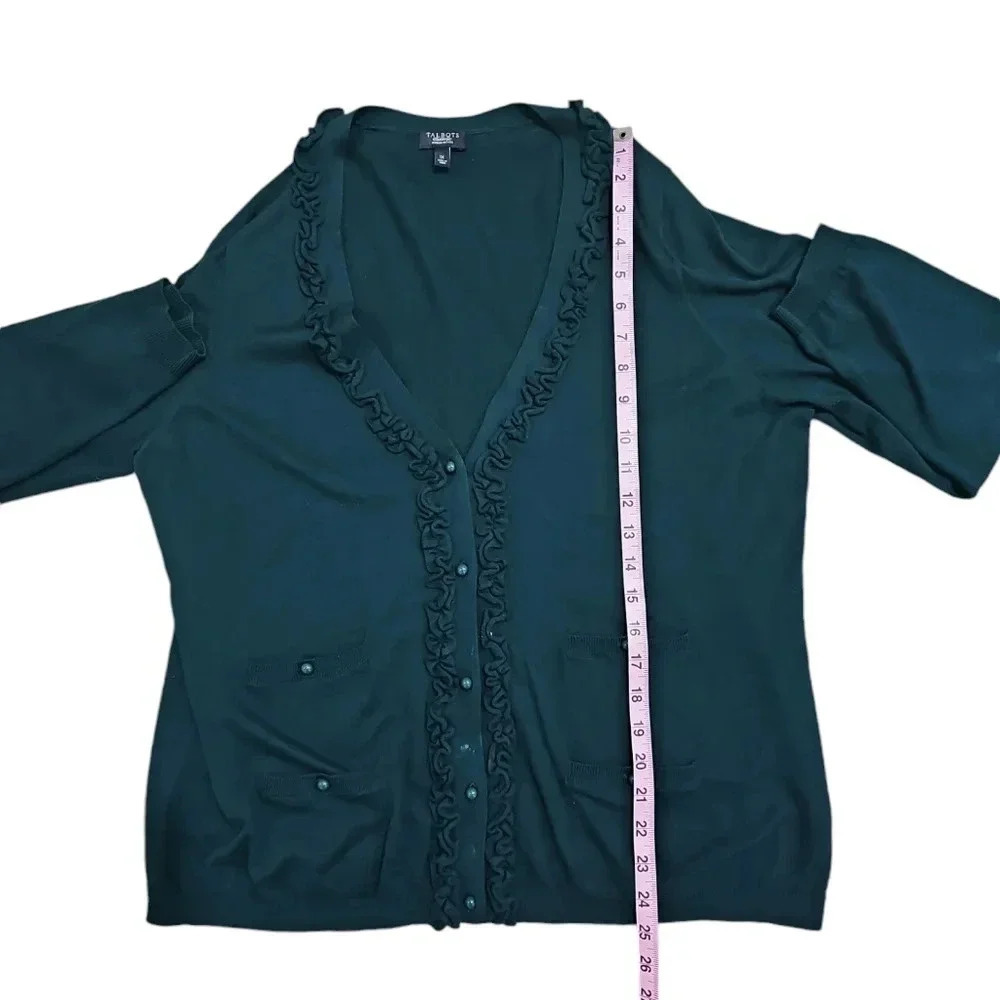 TALBOTS Forest Green Ruffle Trim Button Cardigan Petite 1X Classic Layering VTG - Picture 7 of 7